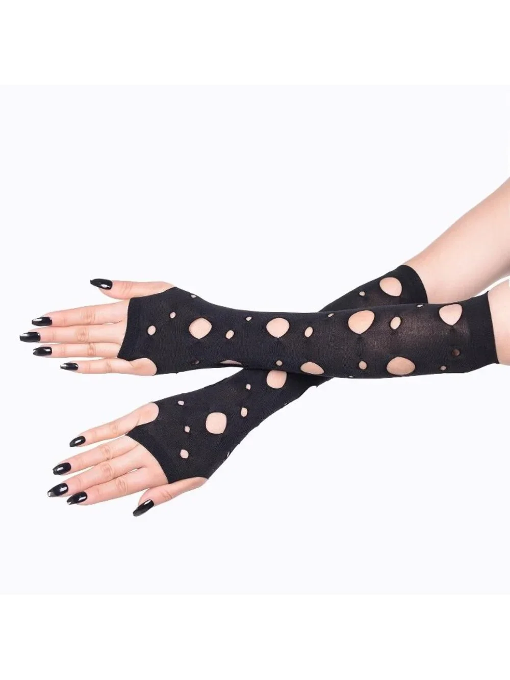 Women's Black Long Hole Cutout Arm Warmers Fingerless Distressed Gothic Gloves